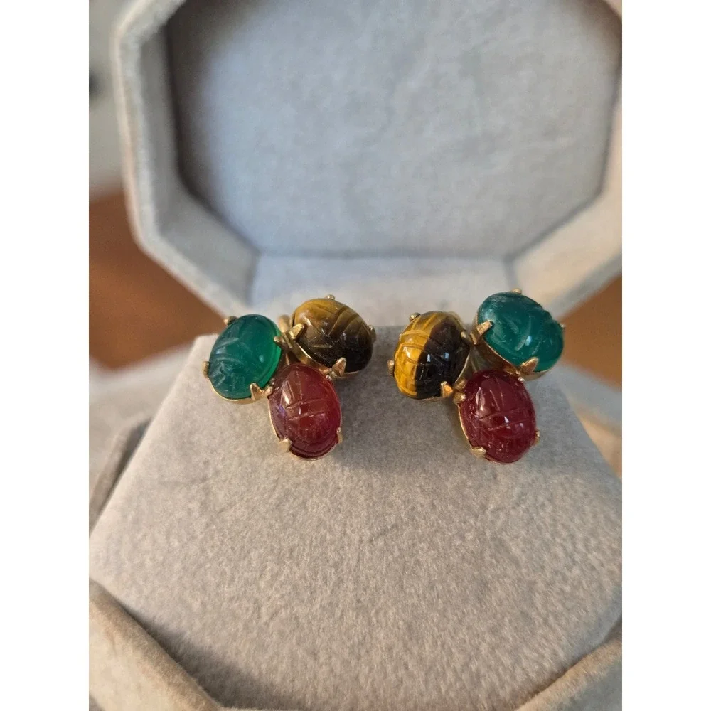 Egyptian Revival Goldfilled Scarab Earrings Semi-Precious Stones Vintage w/ Box